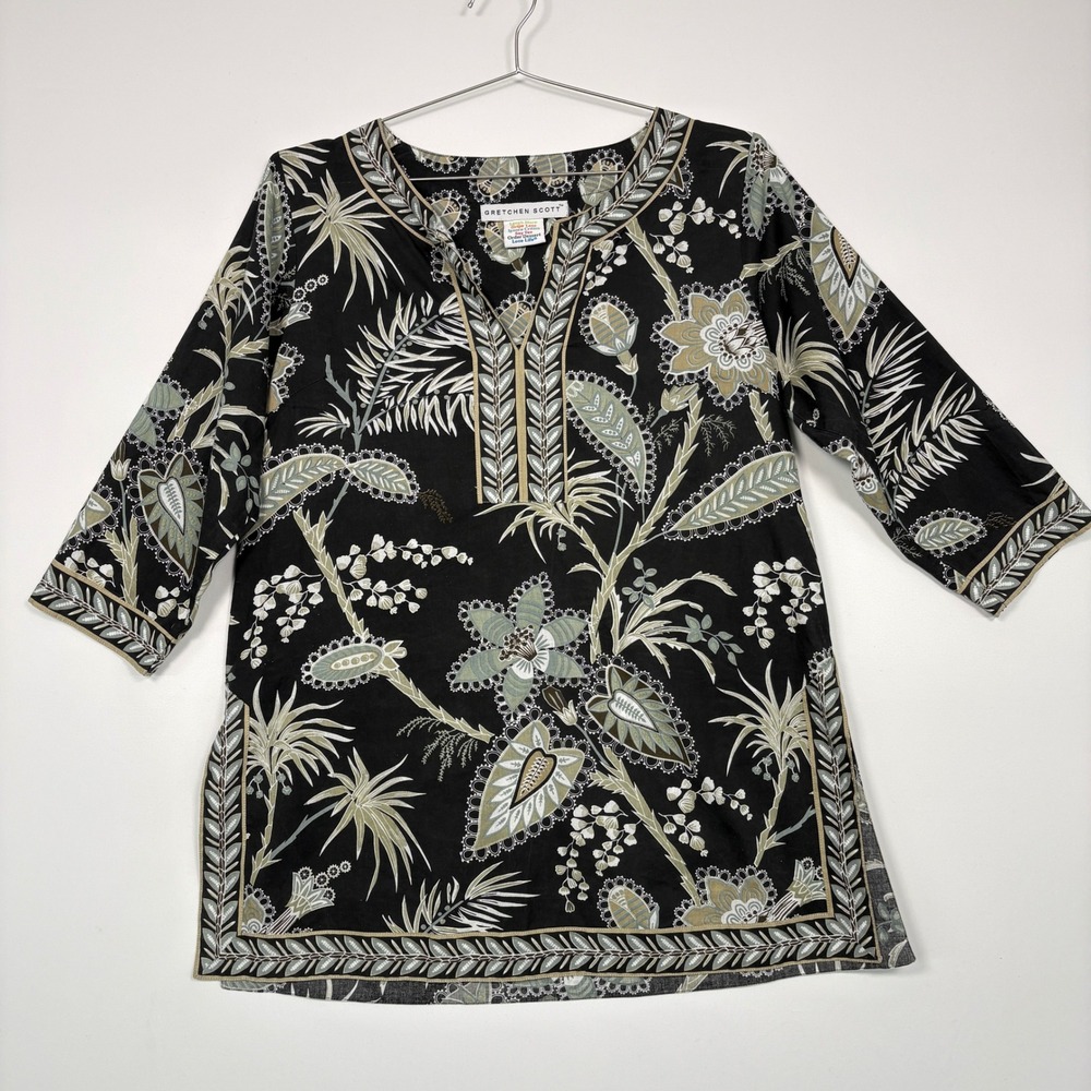 Gretchen Scott Womens Tunic Top XL Black Floral Paisley Cotton 3/4 Sleeve